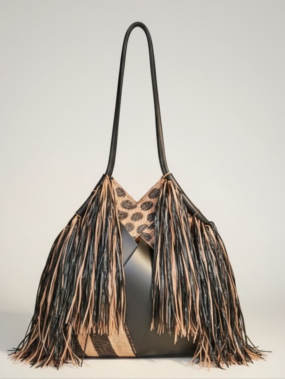 Ulla Johnson Charlotte fringe black & tapir shoulder bag with suede lining